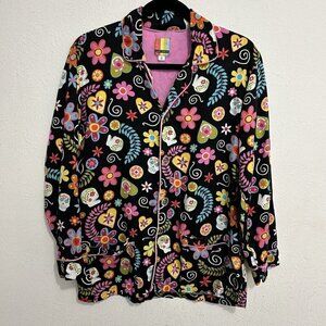 Temper Jackson Black Floral Skull Pajama Top Blouse Size S Colorful Loud‎ Rare
